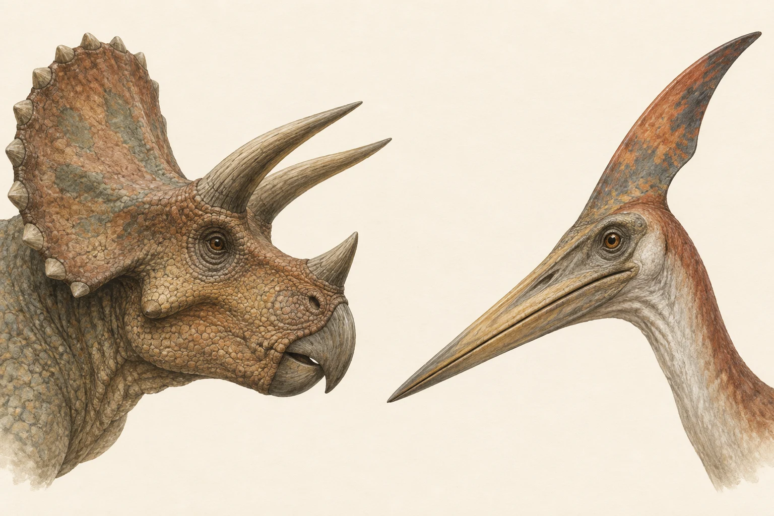 Portraits illustrés d’un tricératops à trois cornes et d’un ptéranodon au long bec.