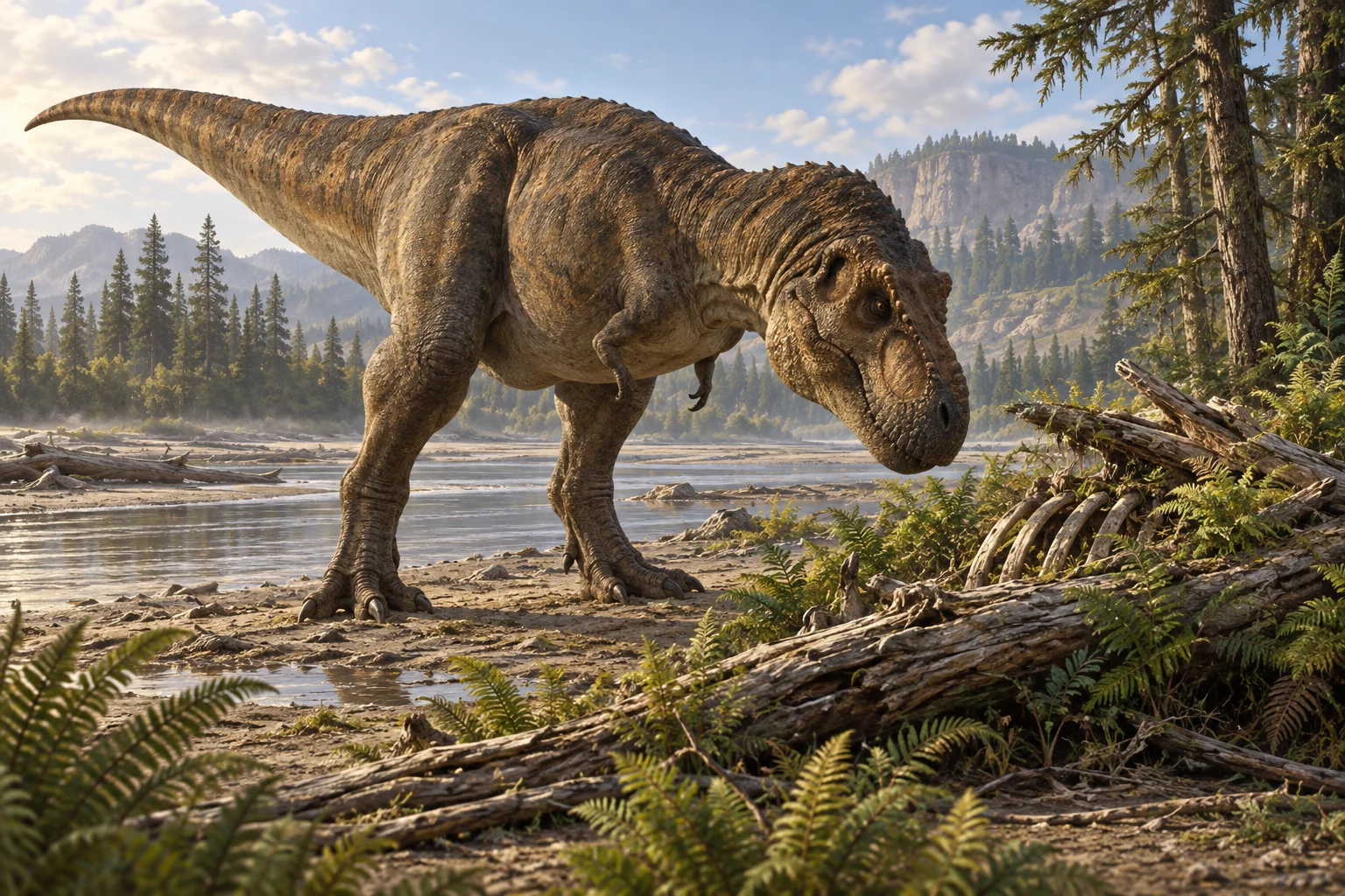 Tyrannosaure examinant des os près d’un tronc sur une berge boisée